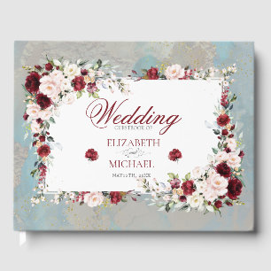 Dusty Blue Burgundy Blush Floral Elegant Wedding Guest Book
