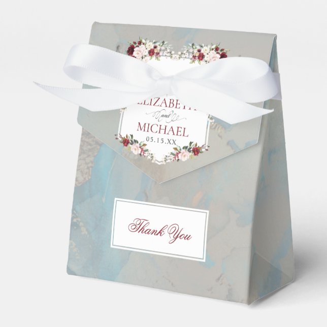 Dusty Blue Burgundy Blush Floral Favor Box (Front Side)