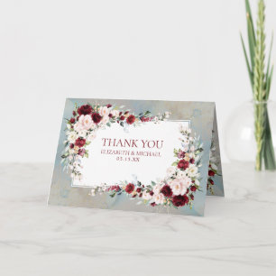 Dusty Blue Burgundy Blush Floral Photo Wedding Card