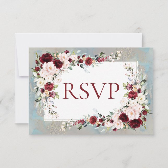 Dusty Blue Burgundy Blush Floral RSVP Card (Front)