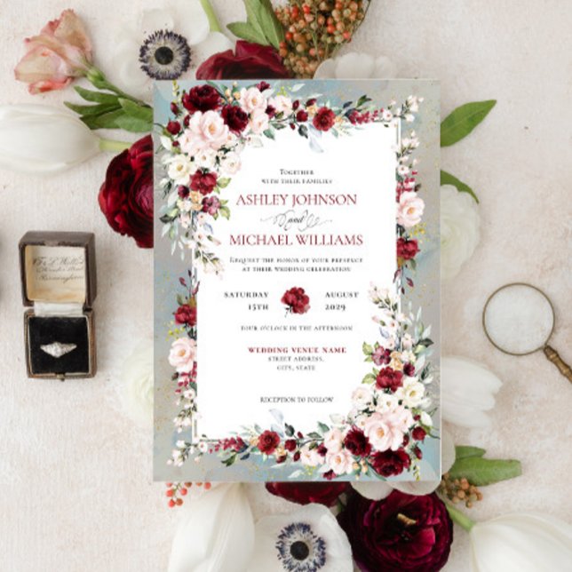 Dusty Blue Burgundy Blush Floral Wedding Invitation (Creator Uploaded)