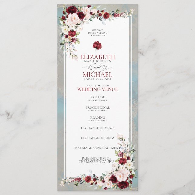 Dusty Blue Burgundy Blush Floral Wedding Program (Front)