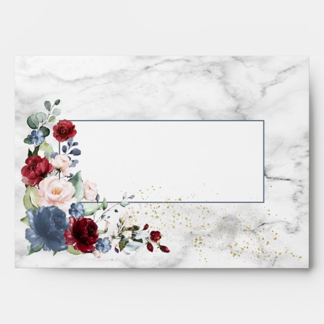 Dusty Blue Burgundy Blush Gold Floral Wedding Envelope (Front)