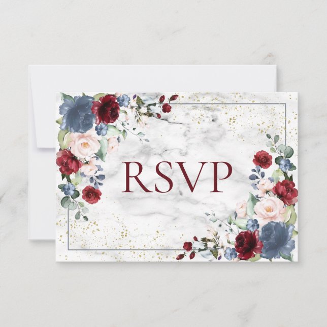 Dusty Blue Burgundy Blush Gold Wedding RSVP (Front)