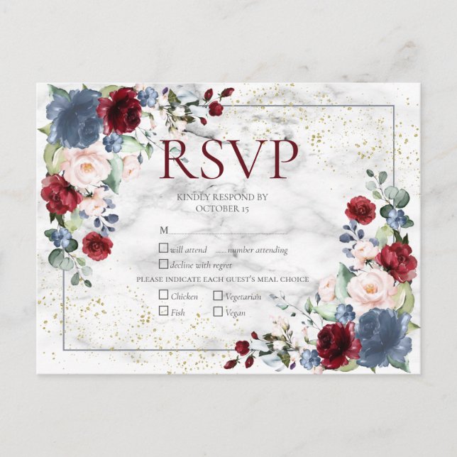 Dusty Blue Burgundy Blush Gold Wedding RSVP Invitation Postcard (Front)