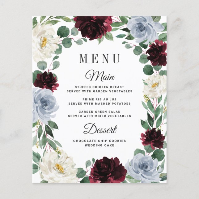 Dusty Blue Burgundy Boho Fall Wedding Menu Cards (Front)