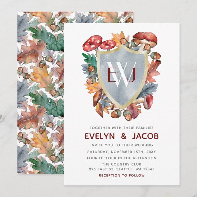 Dusty Blue Burgundy Fall Mushroom Wedding Invitation (Front/Back)