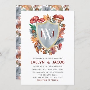 Dusty Blue Burgundy Fall Mushroom Wedding Invitation