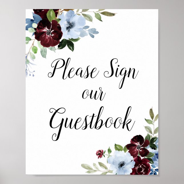 Dusty blue burgundy floral guestbook wedding sign (Front)