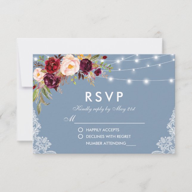 Dusty Blue Burgundy Floral Lights Lace RSVP Card (Front)