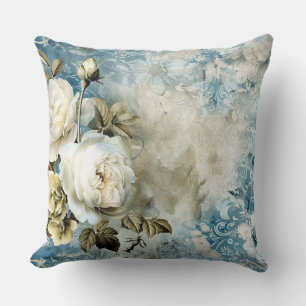 Dusty Blue Burgundy Floral Marble Name Monogram  Throw Pillow