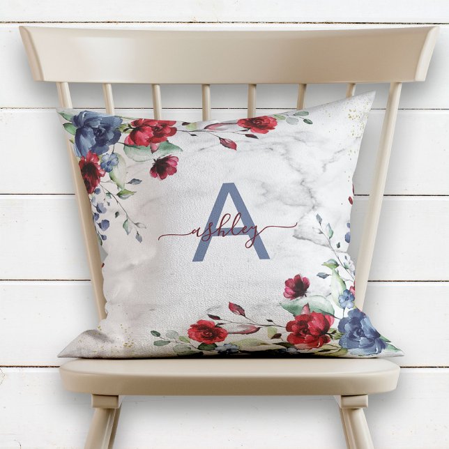Dusty Blue Burgundy Floral Marble Name Monogram Throw Pillow (Creator Uploaded)