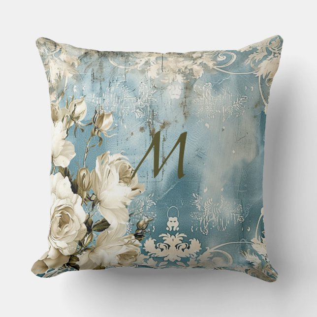 Dusty Blue Burgundy Floral Marble Name Monogram  Throw Pillow (Front)