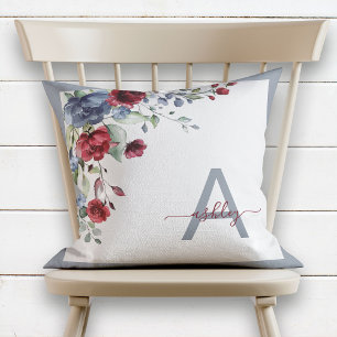 Dusty Blue Burgundy Floral Script Monogram Initial Throw Pillow