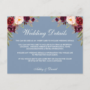 Dusty Blue Burgundy Floral Wedding Details Card