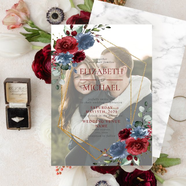 Dusty Blue Burgundy Gold Vellum Overlay Photo Invitation (Creator Uploaded)