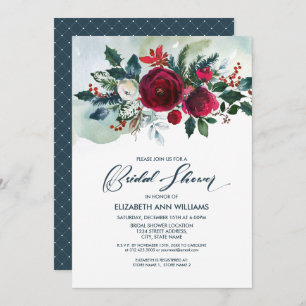 Dusty Blue   Burgundy Red Bloom Bridal Shower Invitation