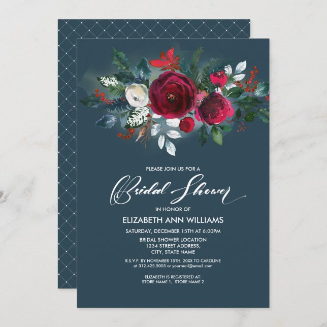 Dusty Blue | Burgundy Red Bloom Bridal Shower Invitation (Front/Back)