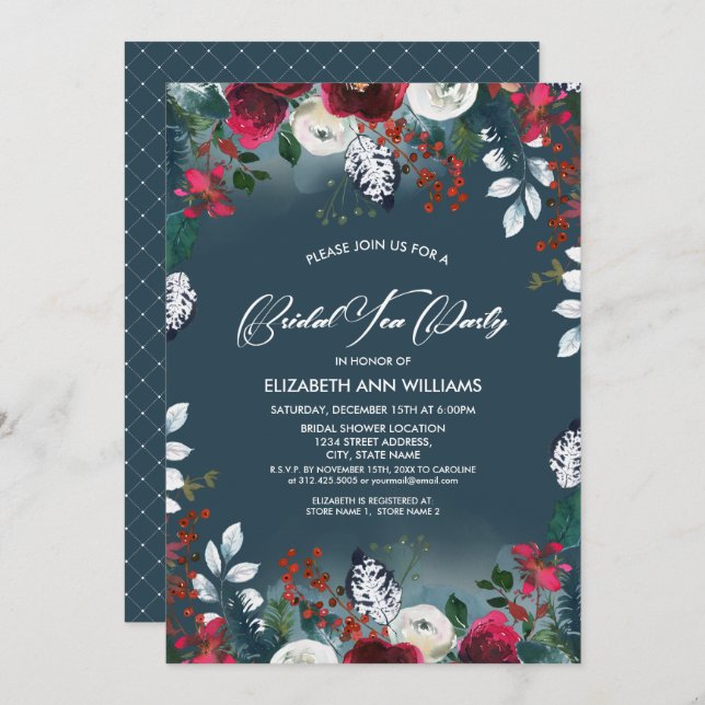 Dusty Blue | Burgundy Red Bloom Bridal Tea Party Invitation (Front/Back)