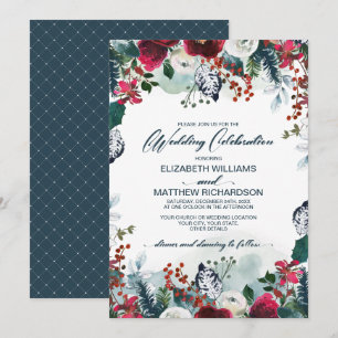 Dusty Blue Burgundy Red Bloom Wedding Invitation