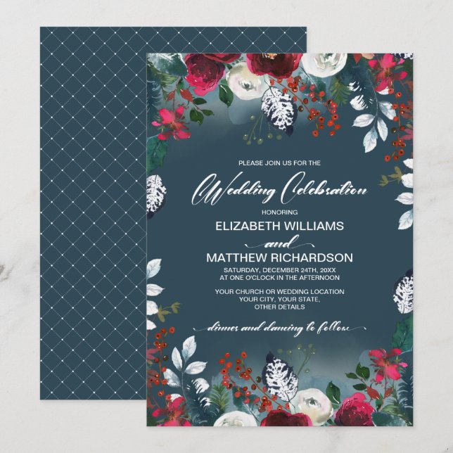 Dusty Blue | Burgundy Red Bloom Wedding Invitation (Front/Back)