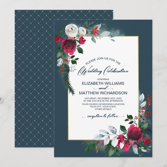 Dusty Blue | Burgundy Red Bloom Winter Wedding Invitation (Front/Back)