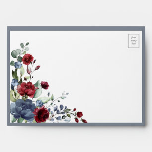Dusty Blue Burgundy Red Floral Watercolor Envelope
