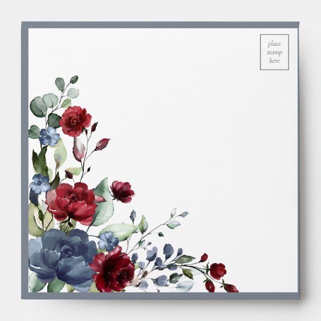 Dusty Blue Burgundy Red Floral Watercolor Envelope (Front)