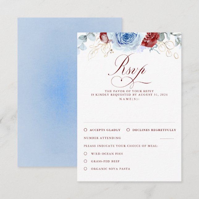 Dusty Blue Burgundy Red Flowers Wedding RSVP (Devant / Derrière)
