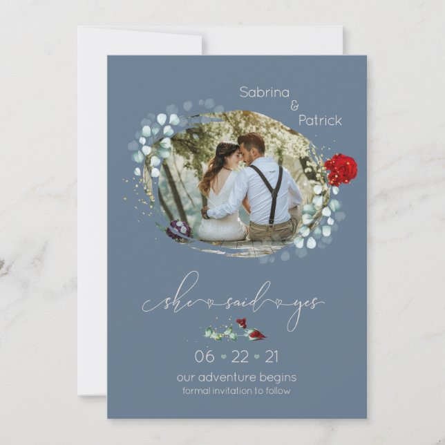 Dusty Blue Burgundy She Said Yes Photo SavetheDate Save The Date (Front)