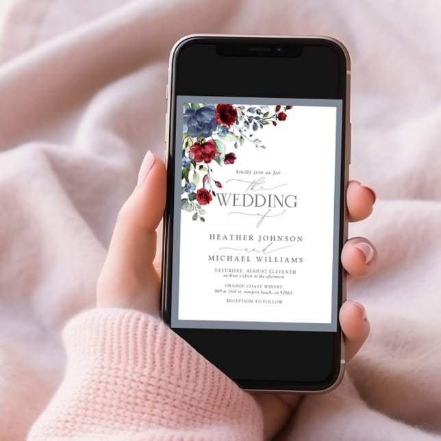 Dusty Blue Burgundy Watercolor Floral Wedding Invitation (Creator Uploaded)