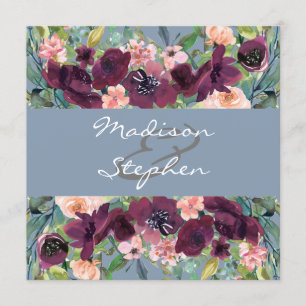 Dusty Blue   Burgundy Watercolor  Wedding Invitation