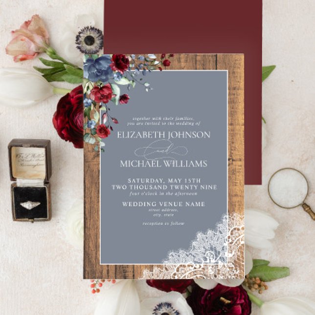 Dusty Blue Burgundy Wood Lace Script Wedding Invitation (Creator Uploaded)