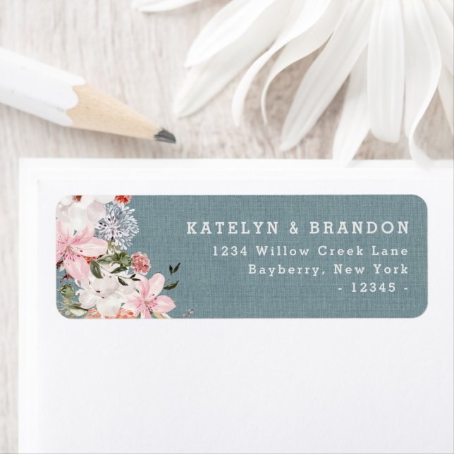 Dusty Blue Burlap Lace and Floral Return Address (Insitu)