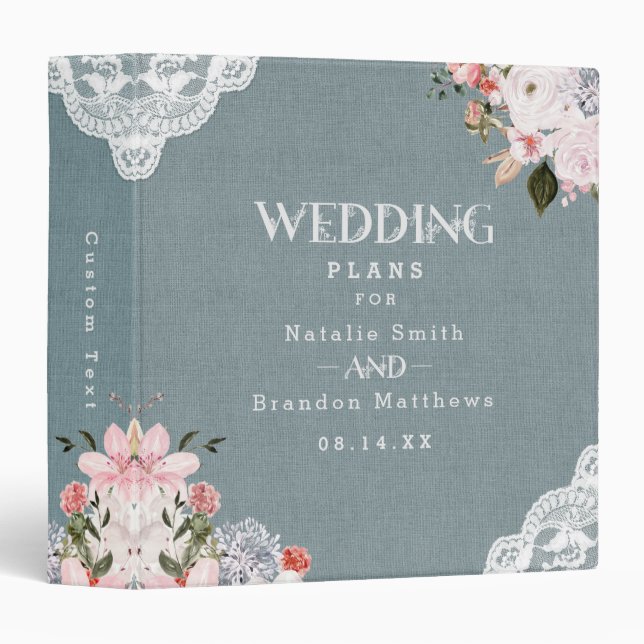 Dusty Blue Burlap Lace and Floral Wedding Planner Binder (Front/Spine)