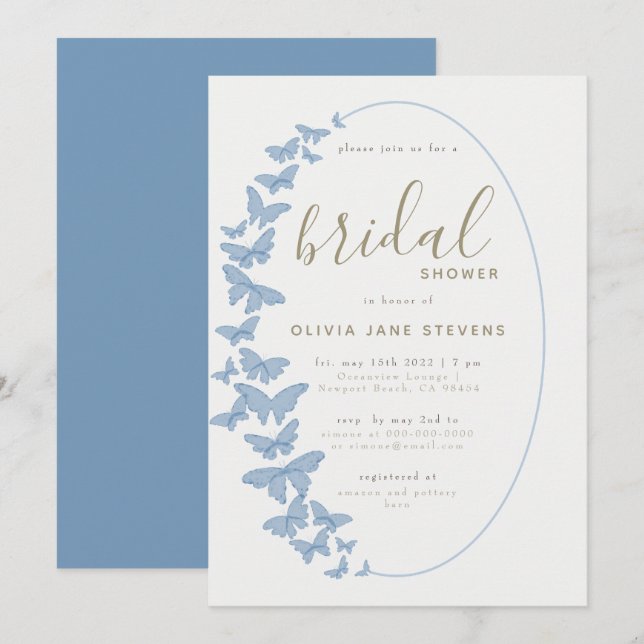 Dusty Blue Butterfly Boho Frame Bridal Shower Invitation (Front/Back)