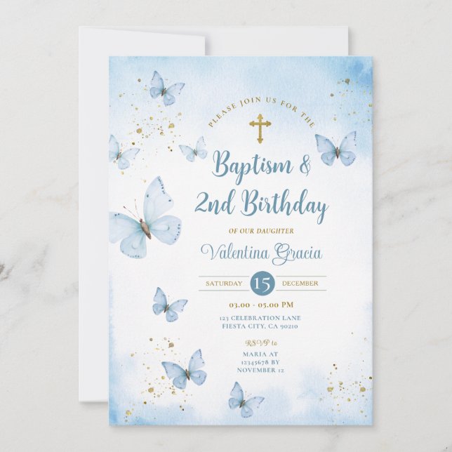 Dusty Blue Butterfly Girl 3rd Birthday Baptism Invitation (Front)