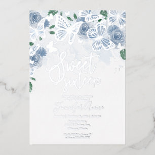 Dusty Blue Butterfly Silver Foil Sweet 16 Invite