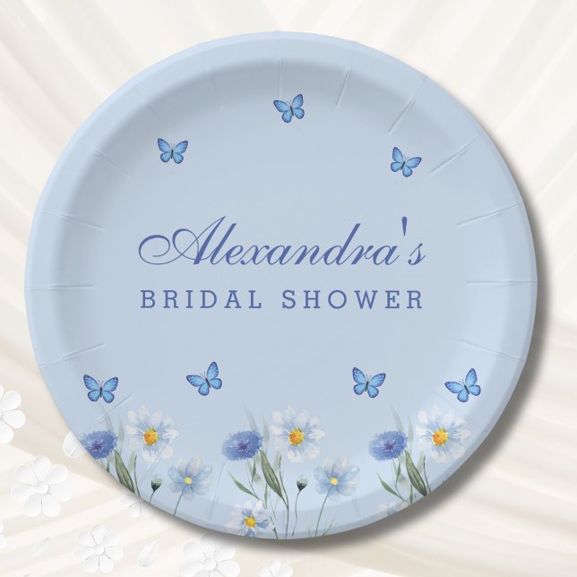 Dusty Blue Butterfly Wildflower Bridal Shower Paper Plate (Creator Uploaded)