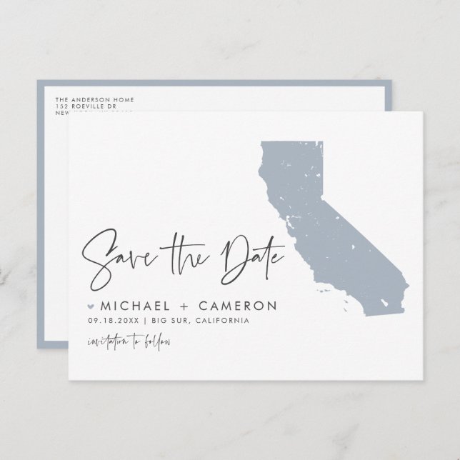 Dusty Blue California Map QR Code Save the Date Announcement Postcard (Front/Back)