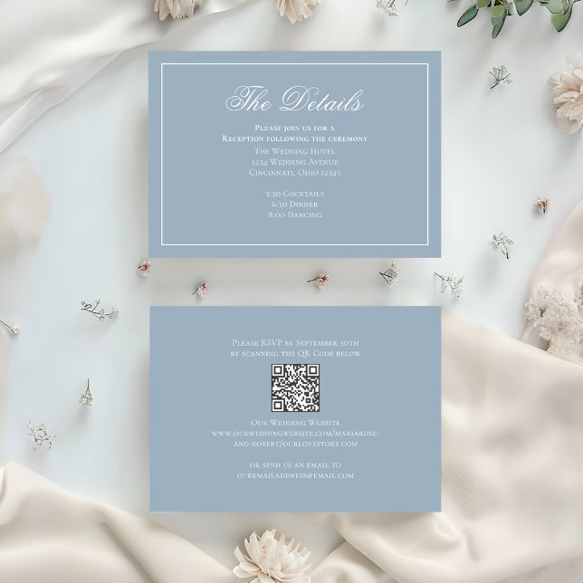 Dusty Blue Calligraphy Elegant Details RSVP Enclosure Card (Dusty blue wedding details card with scannable QR code. )
