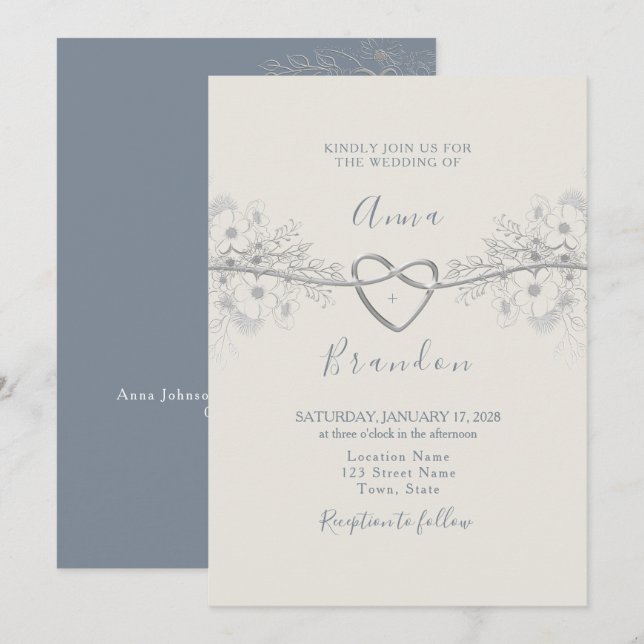 Dusty Blue Calligraphy Faire-part de mariage (Devant / Derrière)