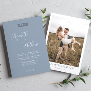Dusty Blue Calligraphy Monogram Photo Wedding Invitation