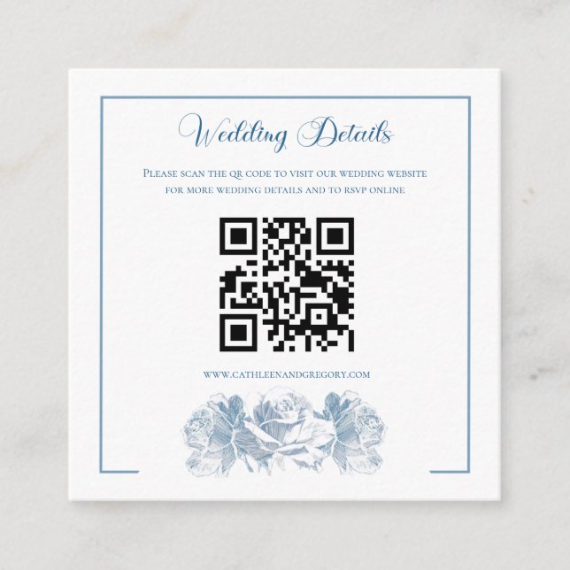 Dusty Blue Calligraphy QR Code Wedding Enclosure Card (Front)