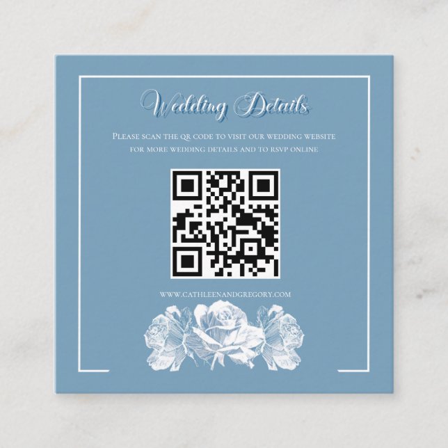 Dusty Blue Calligraphy QR Info Wedding Enclosure Card (Front)