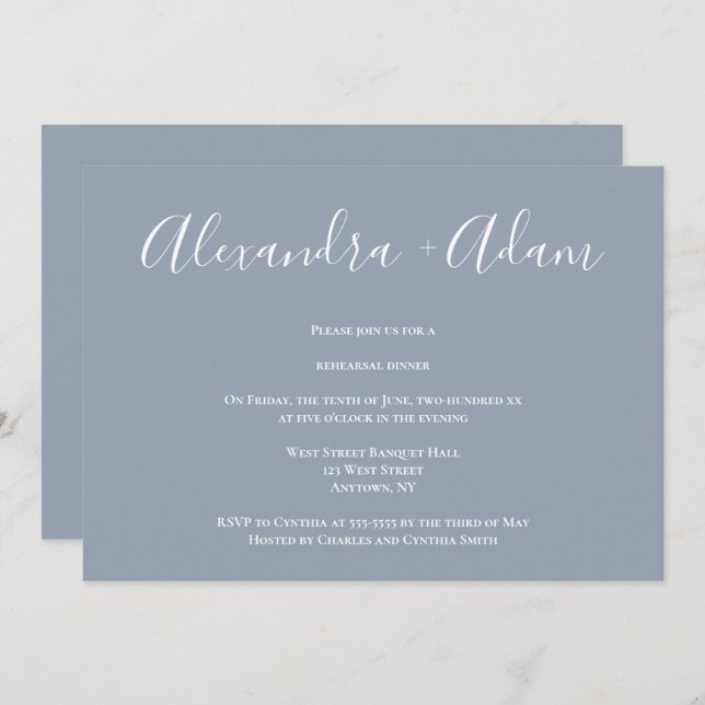 Dusty Blue Calligraphy Rehearsal Dinner Invitation (Front/Back)