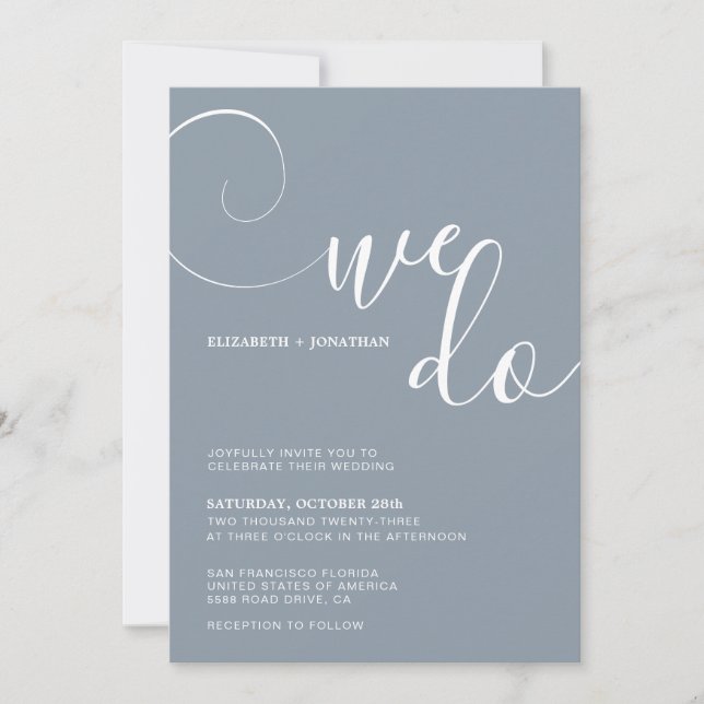 Dusty Blue Calligraphy Script We Do Wedding Invitation (Front)