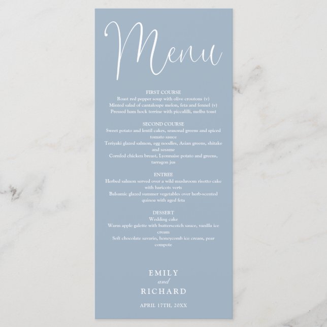 Dusty Blue Calligraphy Script Wedding Menu (Front)