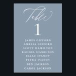 Dusty Blue Calligraphy Seating Chart Table Number<br><div class="desc">Elegant white calligraphy "table",  with guest names listed and table number,  wedding table number seating chart card. Background colour shown in dusty blue,  can be customized.</div>