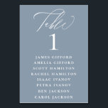 Dusty Blue Calligraphy Seating Chart Table Number<br><div class="desc">Elegant white calligraphy "table",  with guest names listed and table number,  wedding table number seating chart card. Background colour shown in dusty blue,  can be customized.</div>